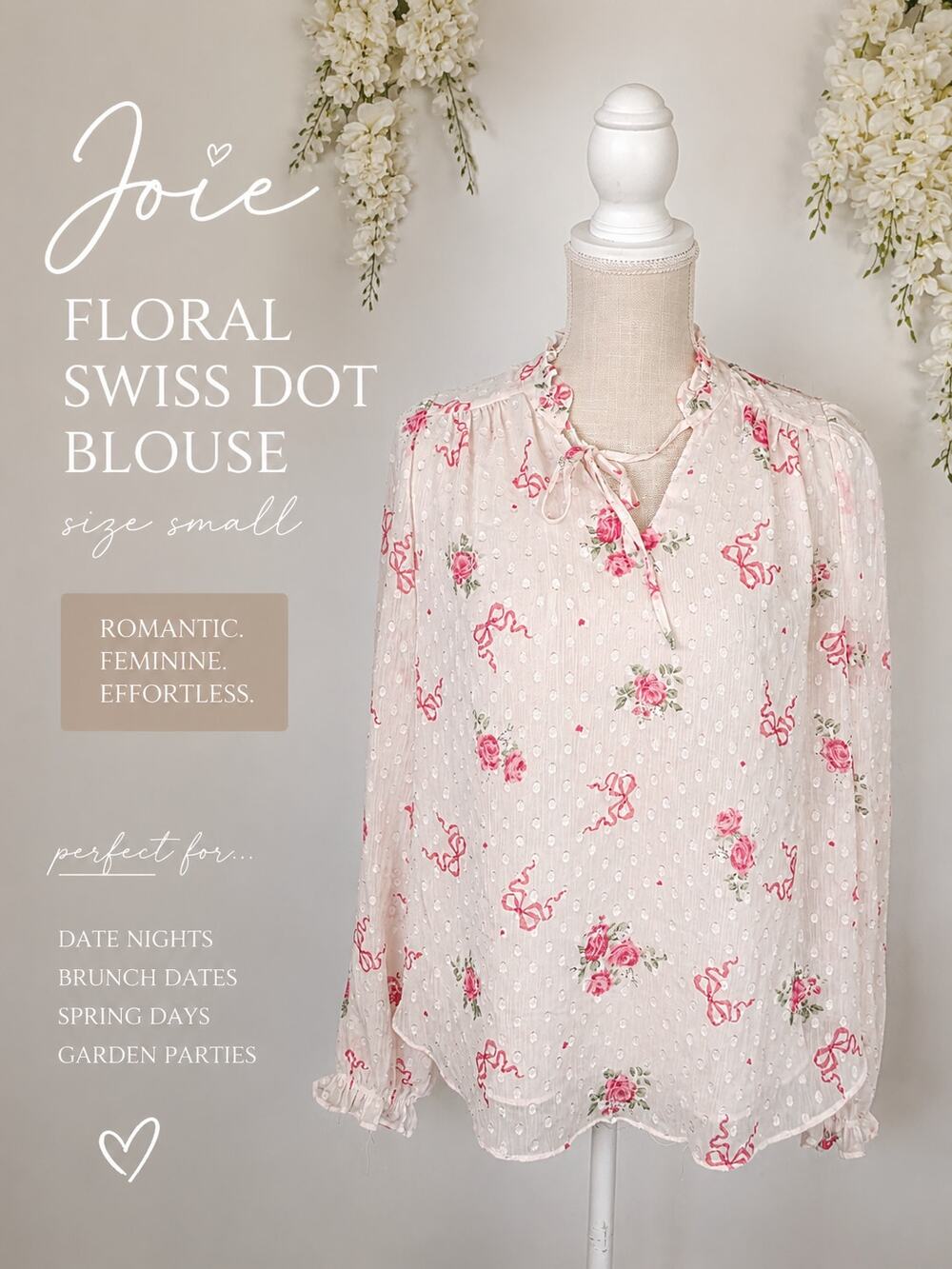 Joie Floral Swiss Dot Blouse Small Pink Bow Print Tie Neck Coquette Cottagecore